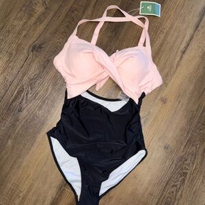 NWT EoMenie Blush Pink & Black Cutout One Piece Swimsuit